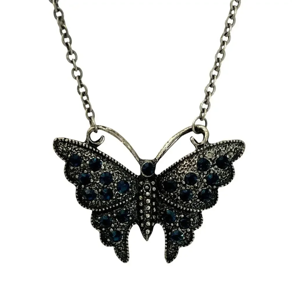 Butterfly Pendant Necklace Dark Blue Rhinestone Gunmetal Gothic Style